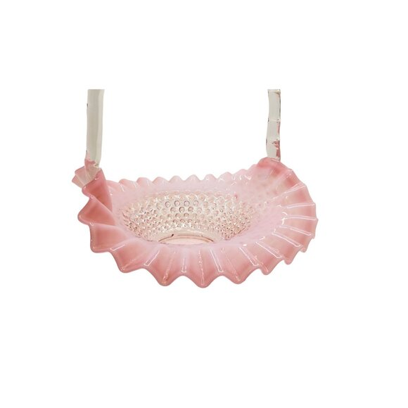 vintage 1950''s Fenton large ruffled cranberry hobnail opalescent basket, 10", E - Picture 9 of 10